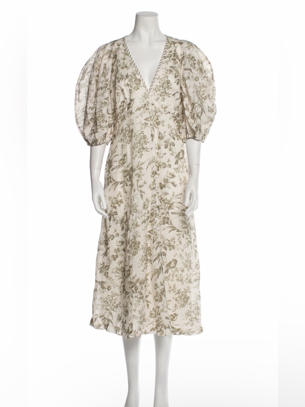 Zimmermann Ivory Midi Dress with Olive Botanical Print & Puff Sleeves